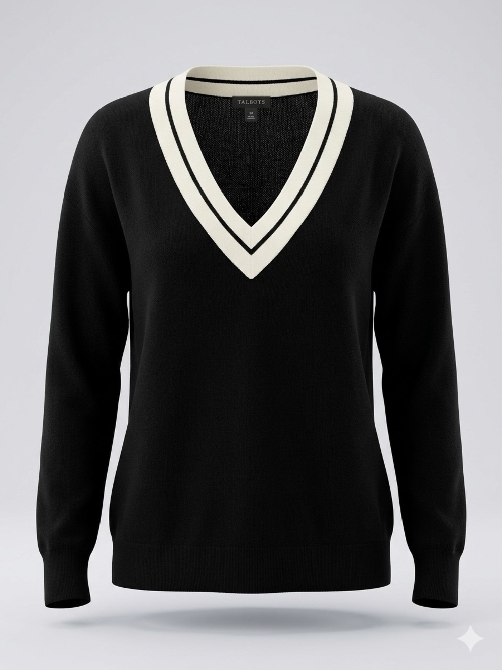 Talbots Black V-Neck Sweater with White Trim